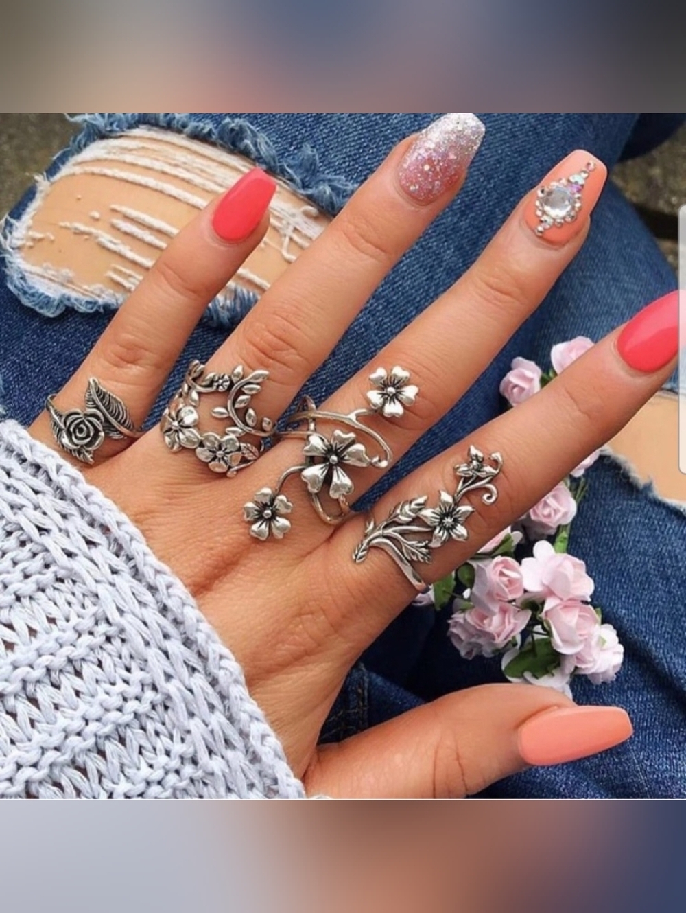 Flower Ring Set Silver Tone 4 Rings